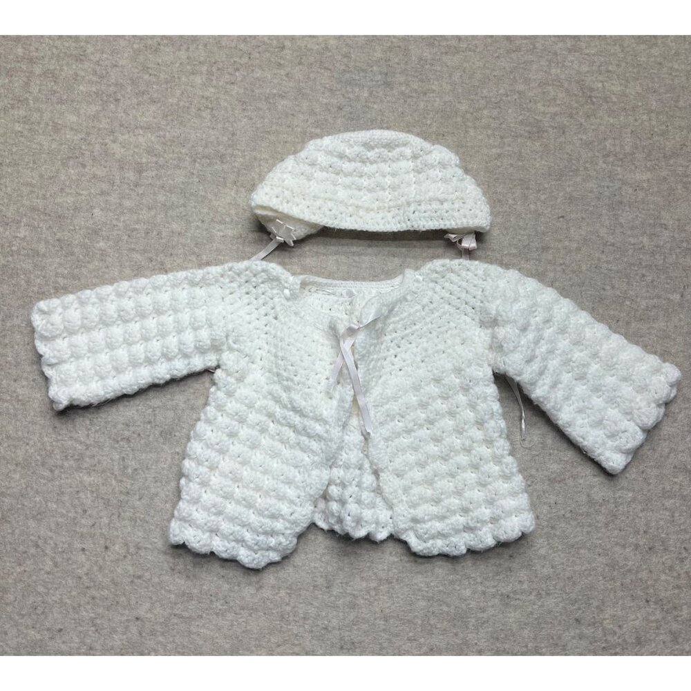 Vintage Handmade White Newborn Knit Cardigan Hat Infant Sweater Bonnet Cap Set - Picture 1 of 5